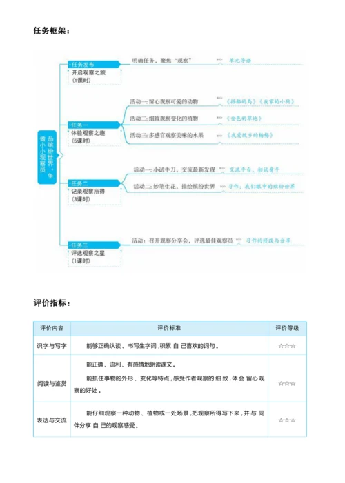 统编版语文三年级上册 第五单元 品缤纷世界 ,争做小小观察员 学习任务群整体教学设计