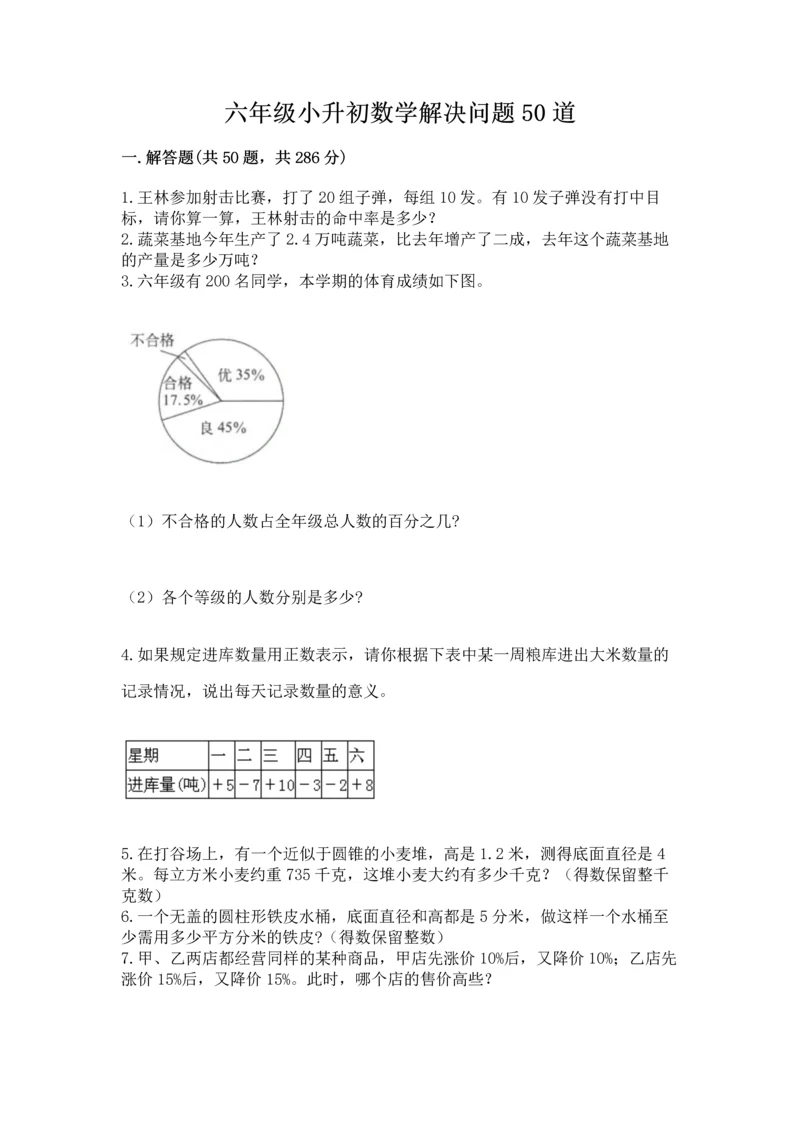 六年级小升初数学解决问题50道带答案（名师推荐）.docx