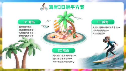 浅绿色3D风格8月旅游攻略