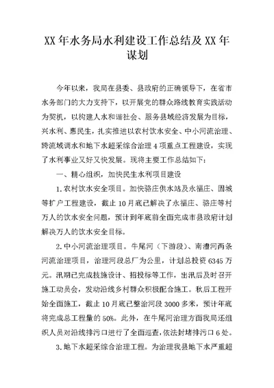 XX年水务局水利建设工作总结及XX年谋划