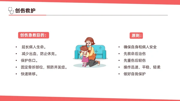 红色简约扁平插画急诊急救知识培训PPT模板