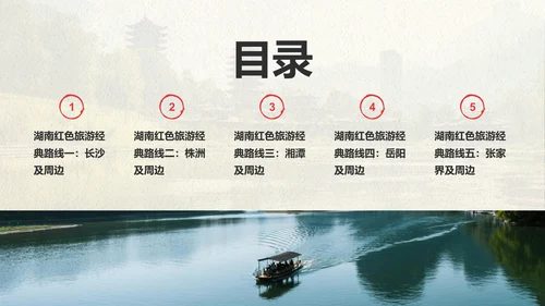 绿色复古风我的家乡湖南：红色旅游经典路线推荐PPT模板