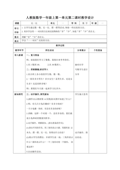 人教版一上 第一单元第二课时《比一比》教学设计