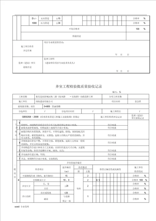 市政给排水管道工程检验批质量验收记录表格