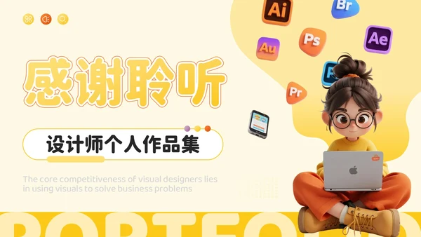 橙黄色3D风艺术设计师个人作品集PPT模板