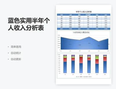 蓝色实用半年个人收入分析表