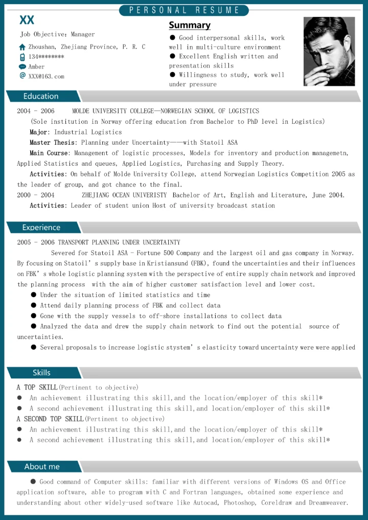 男士通用英文简历