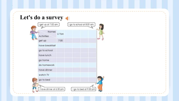 Unit 1 I go to school at 8:00. Lesson 1 - Lesson 2