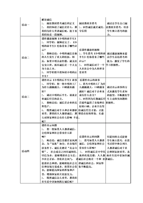 八年级上册道德与法治诚实守信优秀教学设计