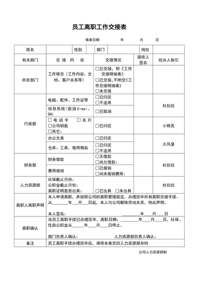 员工离职工作交接表