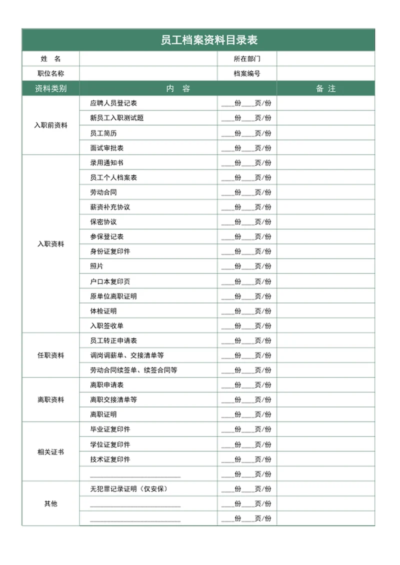 员工档案资料目录表