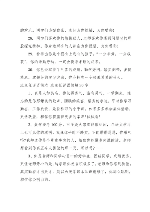 班主任评语简短30字