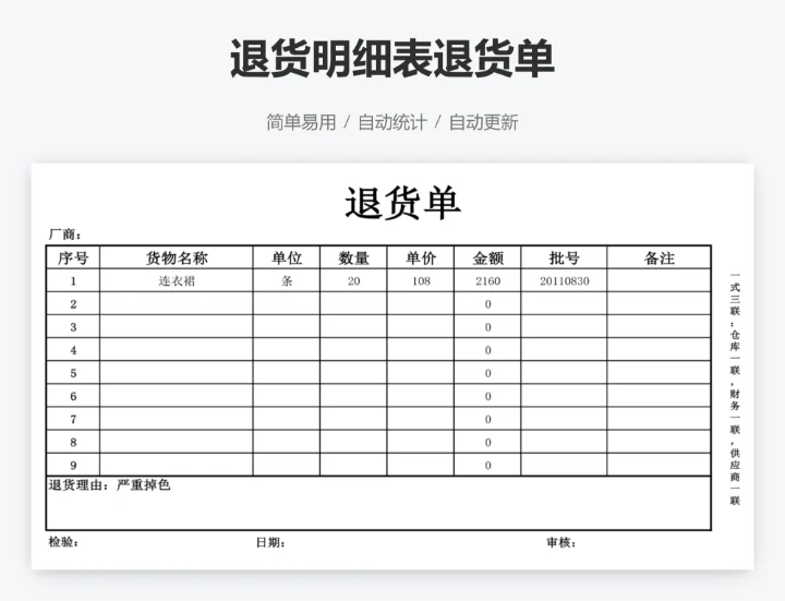 退货明细表退货单