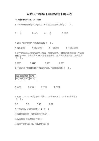 法库县六年级下册数学期末测试卷1套