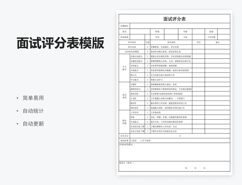 面试评分表模版