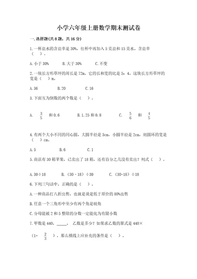 小学六年级上册数学期末测试卷含完整答案（易错题）