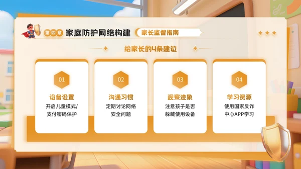 橙色3D卡通风反诈主题班会PPT模板