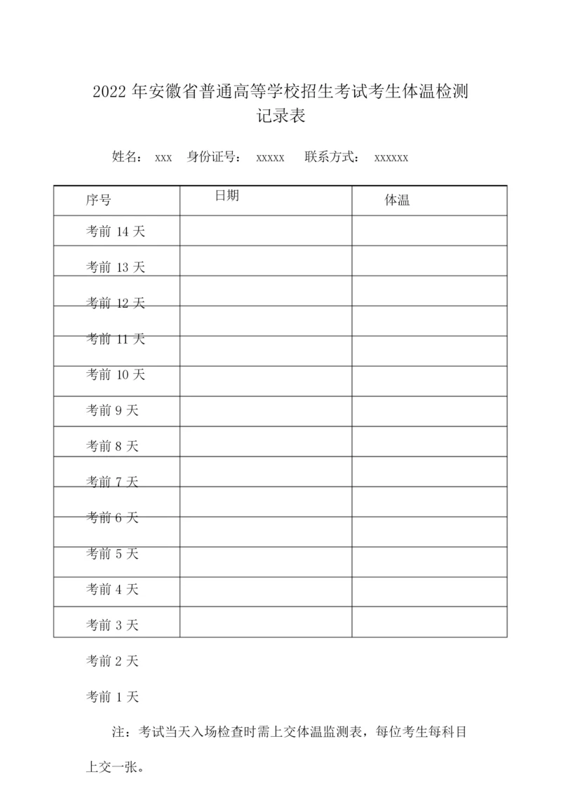 2022年安徽省普通高等学校招生考试考生体温检测记录表.docx