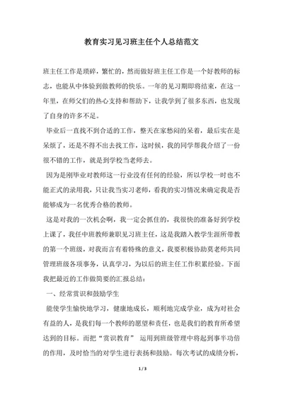 202X年教育实习见习班主任个人总结范文