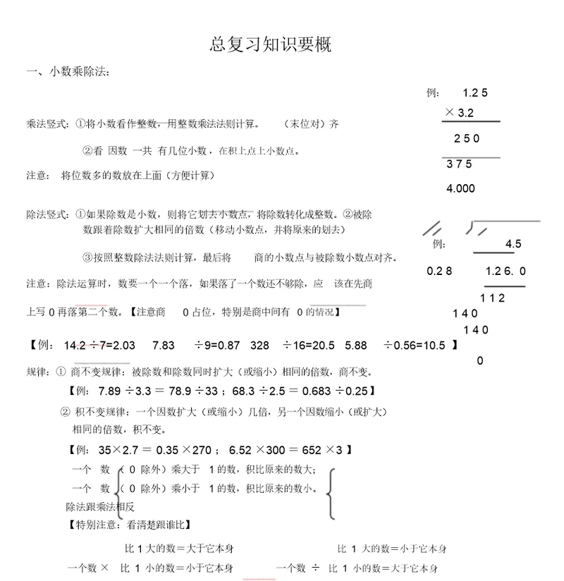 数学五年级上册总复习概要