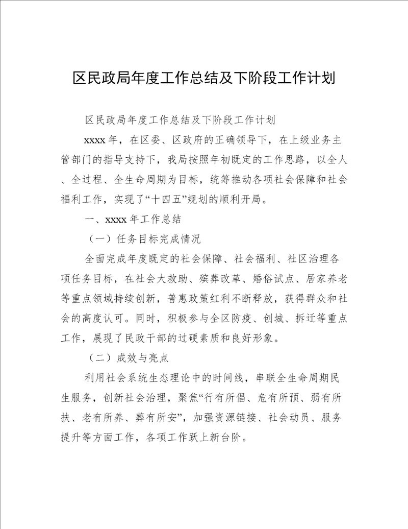 区民政局年度工作总结及下阶段工作计划