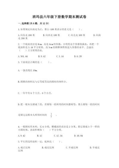 班玛县六年级下册数学期末测试卷（满分必刷）.docx