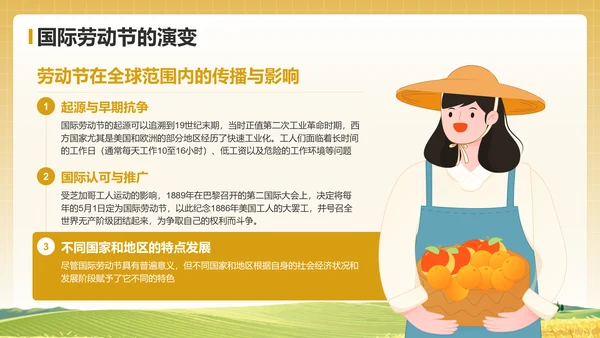 黄色插画风五一国际劳动节文化介绍PPT模板