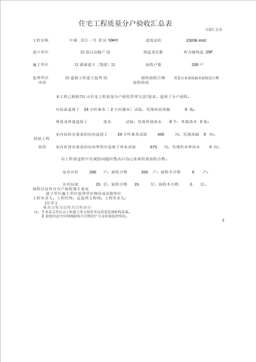 2017年重庆市住宅工程质量分户验收表格最新