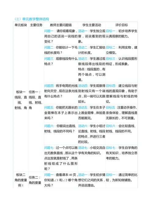 （大单元整体教学）第三单元 角的度量 单元分析（表格式）教学设计