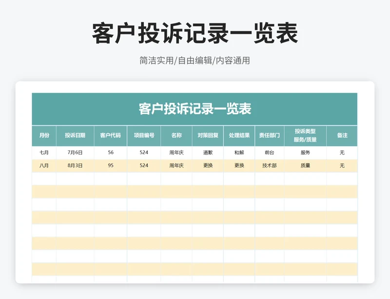 简约风客户投诉记录一览表