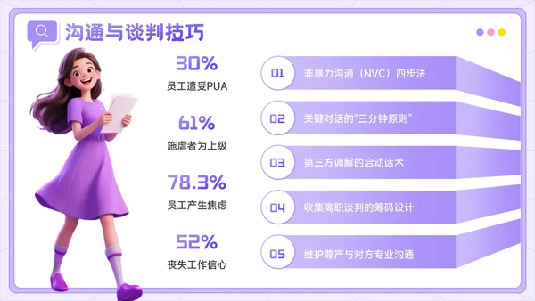 紫色3D风反职场PUA运动公益讲座PPT模板