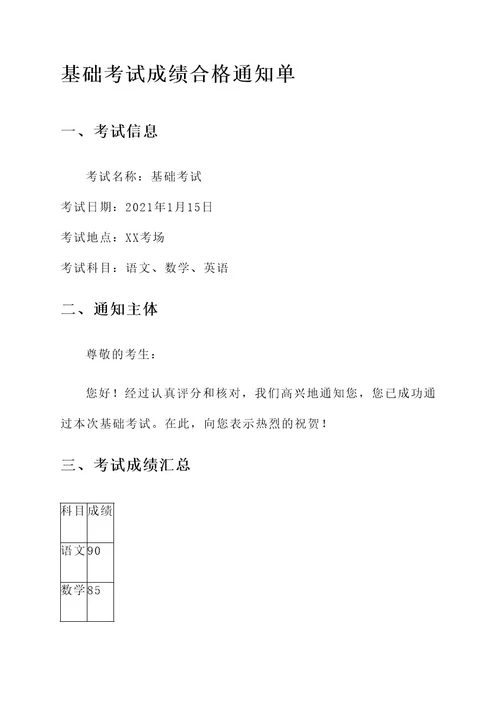 基础考试成绩合格通知单