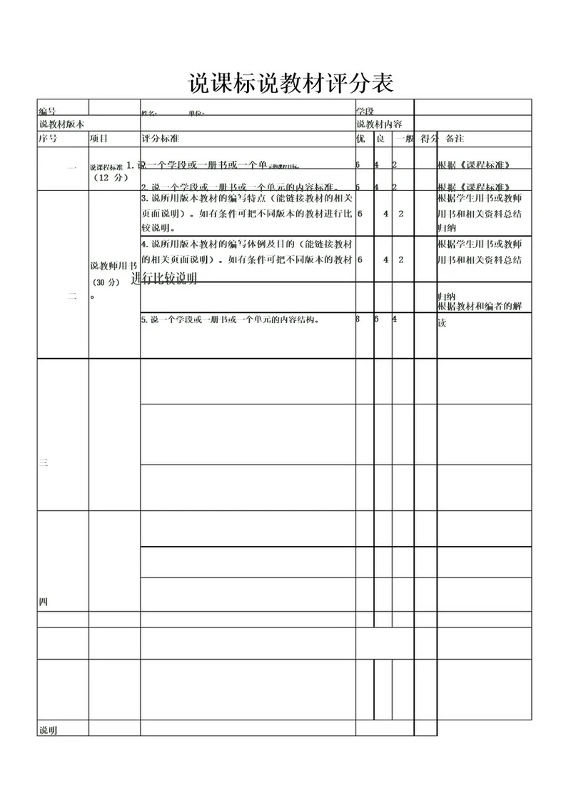 说课标说教材评分表