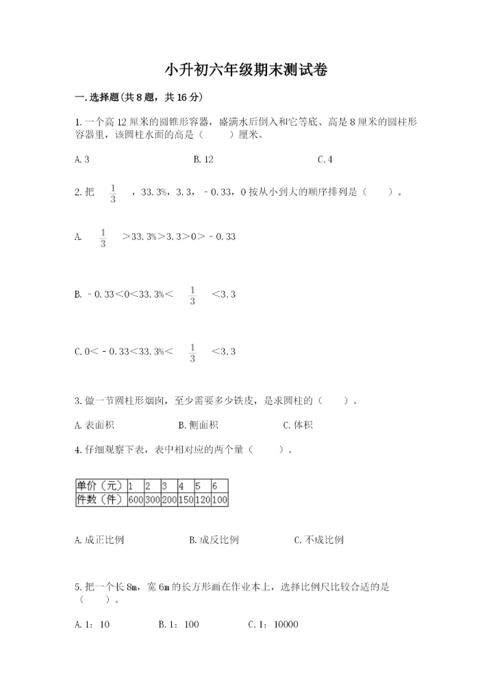 小升初六年级期末测试卷（培优a卷）.docx