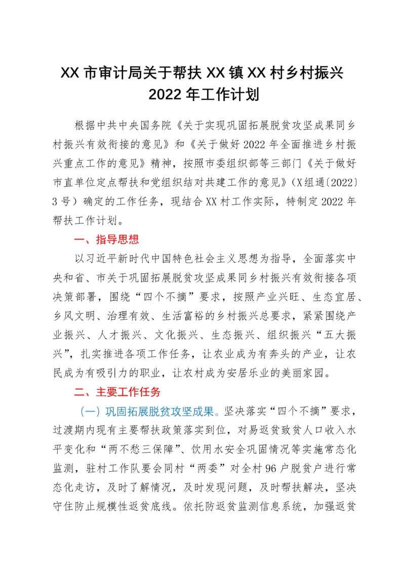 XX市审计局关于帮扶XX镇XX村乡村振兴2022年工作计划.docx