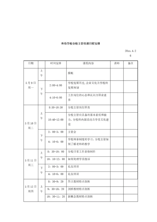 外语学校分校主管培训日程安排