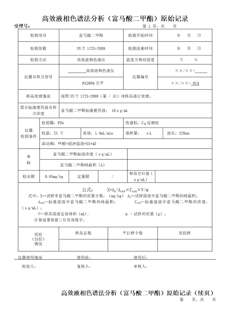 高效液相色谱法分析富马酸二甲酯原始记录