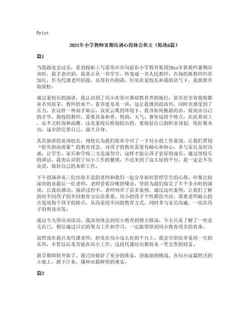 2021年小学教师暑期培训心得体会范文（6篇）