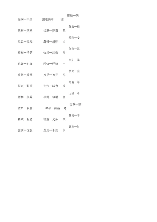 小学生反义词总结计划大全可直接打印