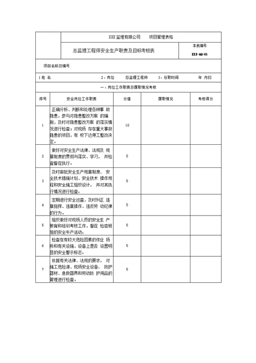 监理人员安全生产责任目标考核办法