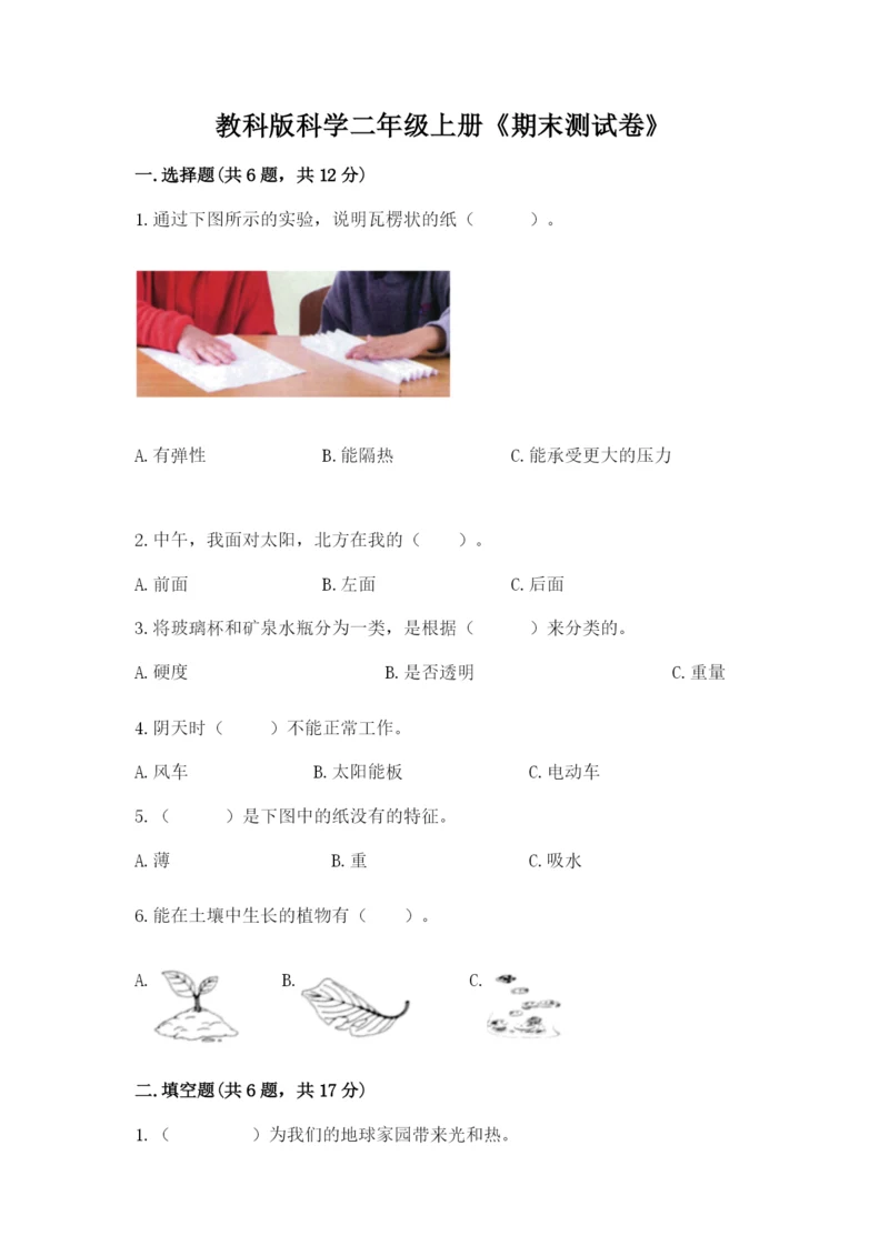 教科版科学二年级上册《期末测试卷》含答案下载.docx