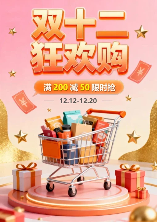 粉色鎏金电商营销双十二大促海报