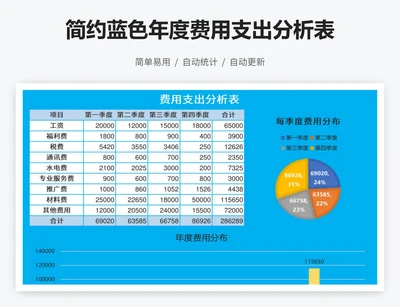 简约蓝色年度费用支出分析表