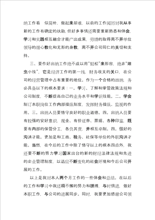 出纳试用期的月工作总结