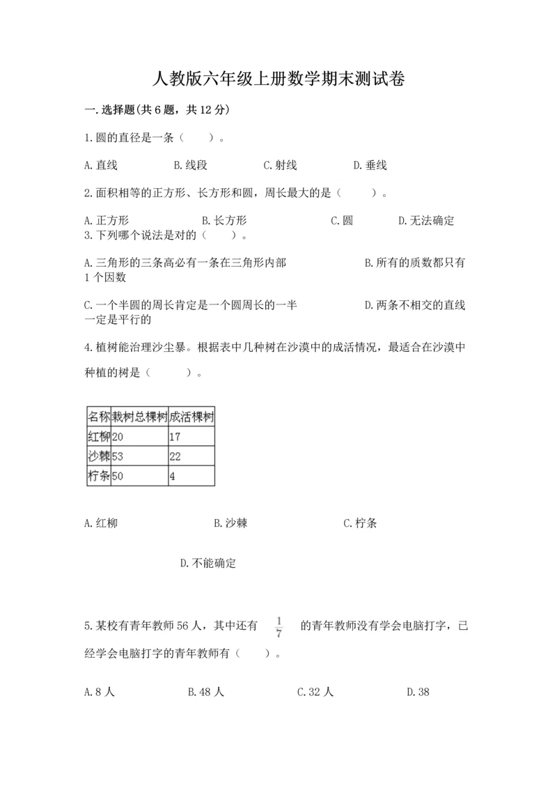 人教版六年级上册数学期末测试卷a4版打印.docx