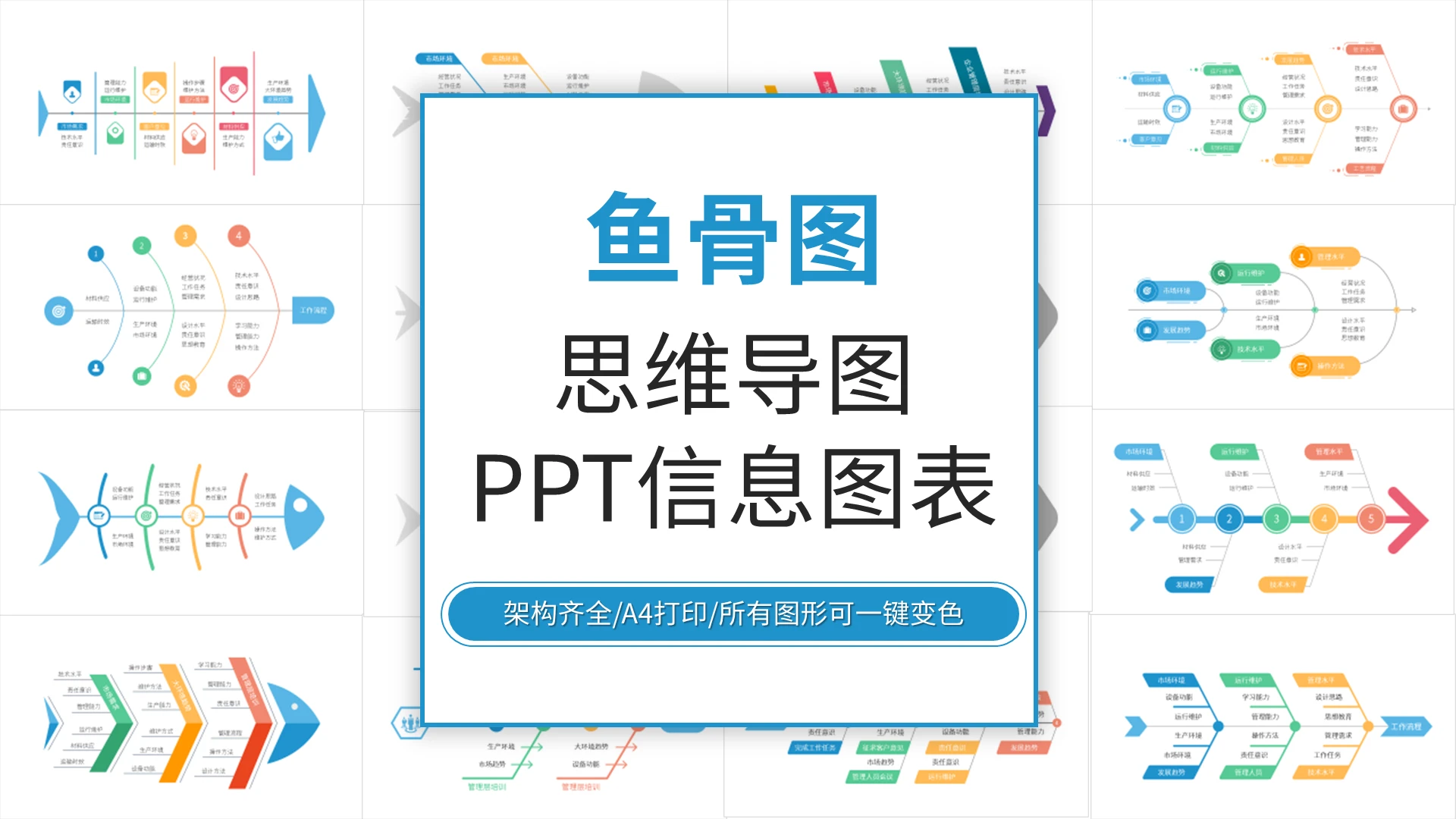 彩色简约鱼骨图思维导图PPT信息图表PPT模板宣传PPT动态