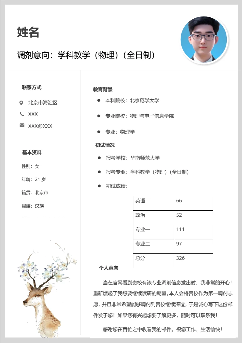 考研复试面试简历研究生复试单页简历模版