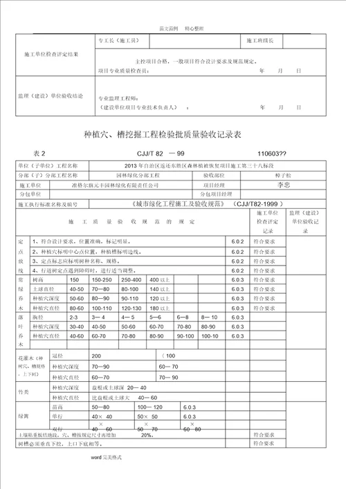绿化方面检验批质量验收记录文本表格