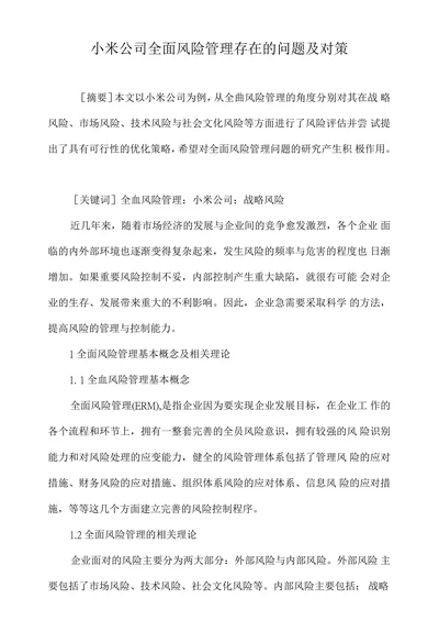 小米公司全面风险管理存在的问题及对策