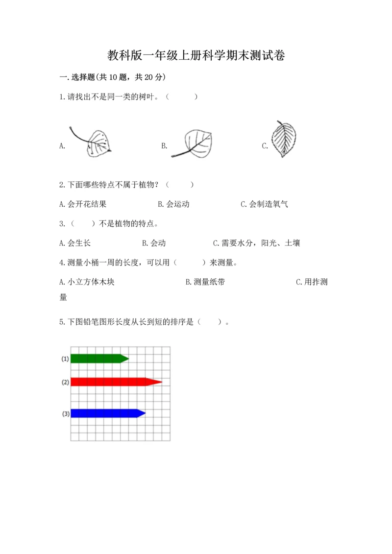 教科版一年级上册科学期末测试卷附参考答案（轻巧夺冠）.docx